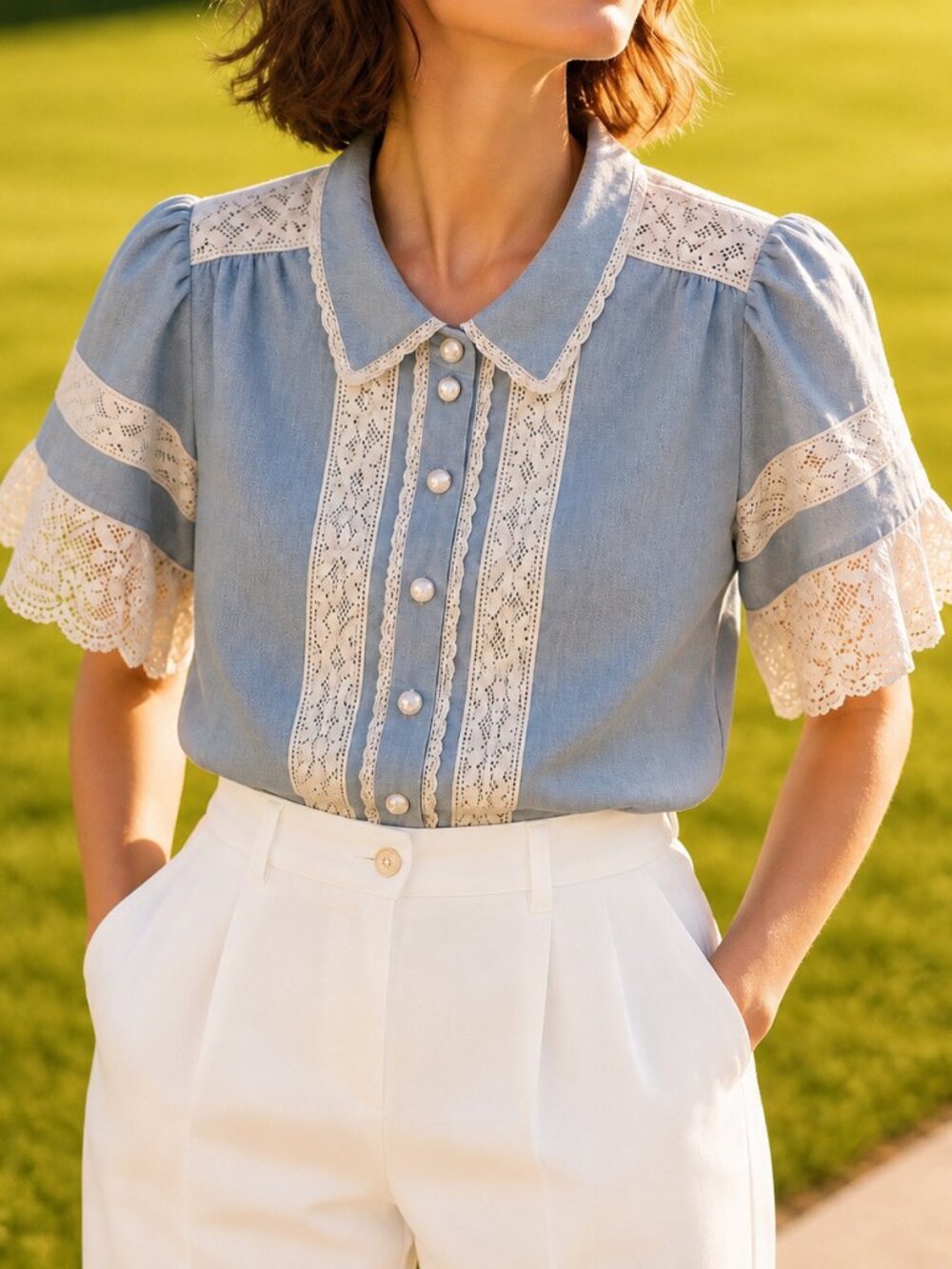 NWT Caroline Constas Blue Linen Lace Blouse Top Size S Cottagecore Boho - Picture 2 of 12